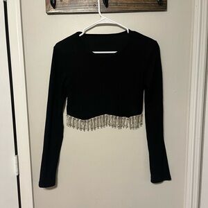 Black long sleeve cropped rhinestone top